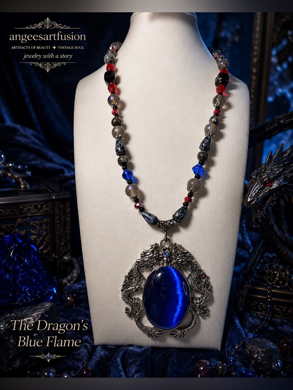 Dragon Statement Necklace with Blue Cats Eye Glass Focal